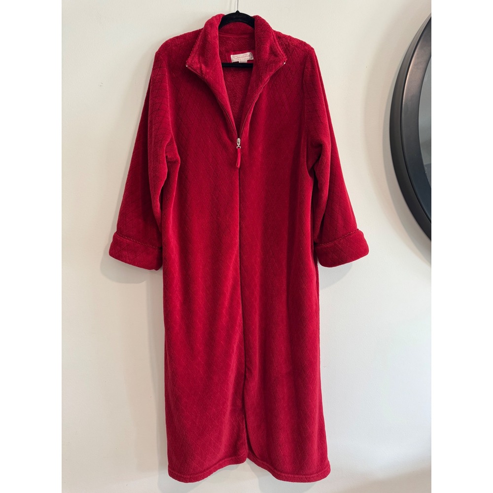 Holiday Oscar de la Renta Pink Label Zip Front Robe Womens XL Red Quilted Fleece